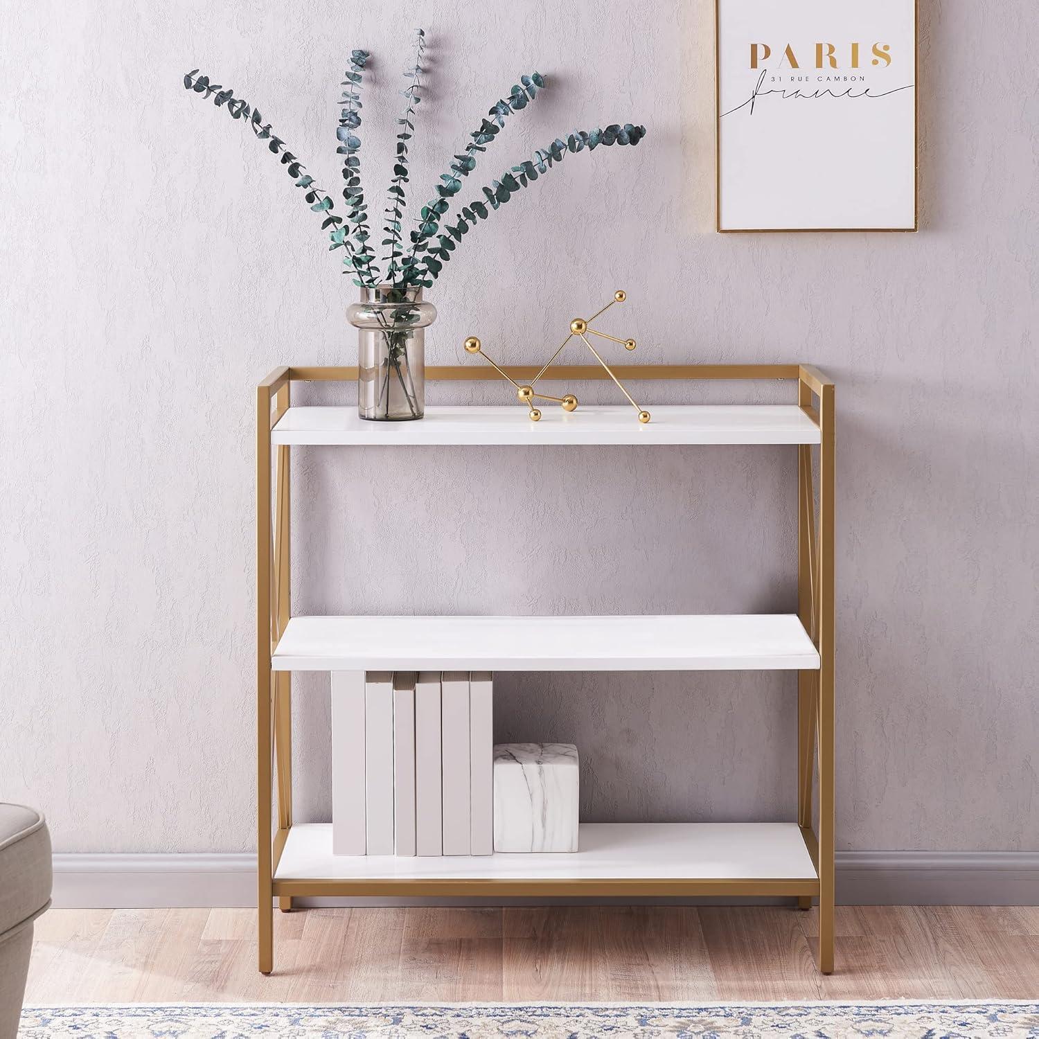 image:imageLeick Home Mission Impeccable Bookshelf Solid Wood 2 Drawers 2 Shelves Slatted Sides Blackened Hardware Easy Assembly Russet Brown 12 in D x 34 in W x 30 in H Item 8261White Gold