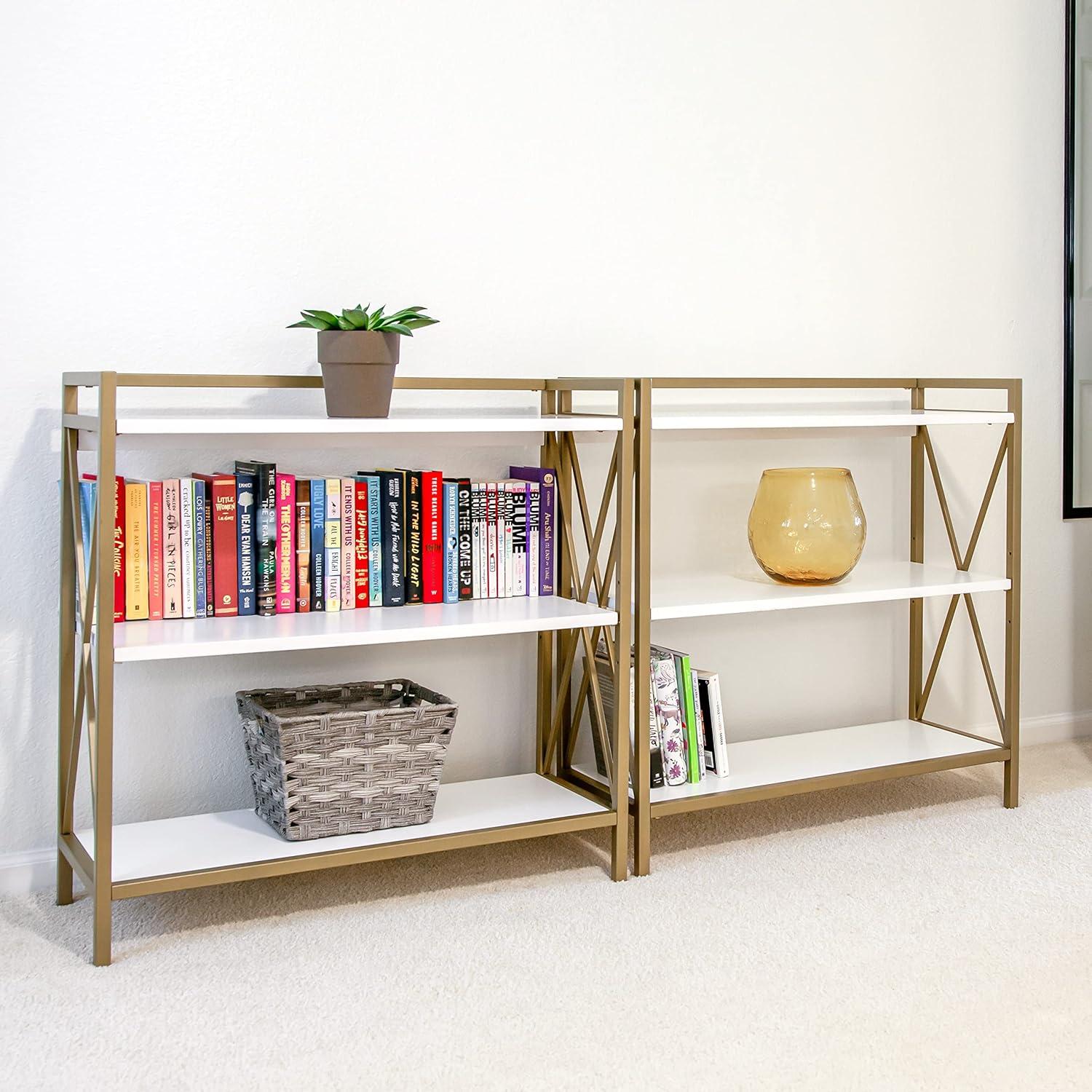 image:imageLeick Home Mission Impeccable Bookshelf Solid Wood 2 Drawers 2 Shelves Slatted Sides Blackened Hardware Easy Assembly Russet Brown 12 in D x 34 in W x 30 in H Item 8261White Gold