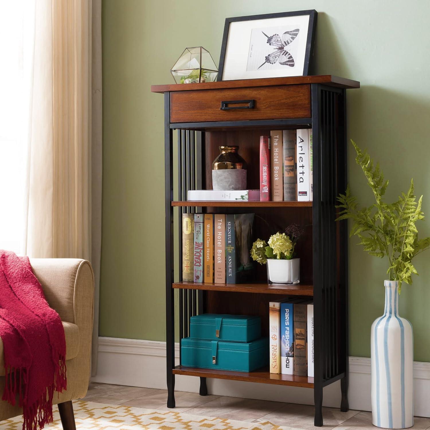 image:imageLeick Home Mission Impeccable Bookshelf Solid Wood 2 Drawers 2 Shelves Slatted Sides Blackened Hardware Easy Assembly Russet Brown 12 in D x 34 in W x 30 in H Item 8261Mission Oak Matte Black
