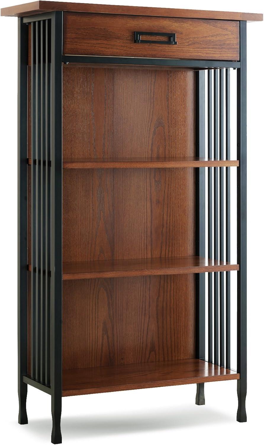 image:imageLeick Home Mission Impeccable Bookshelf Solid Wood 2 Drawers 2 Shelves Slatted Sides Blackened Hardware Easy Assembly Russet Brown 12 in D x 34 in W x 30 in H Item 8261Mission Oak Matte Black