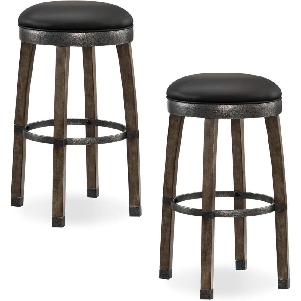 image:imageLeick Graystone Wood Cask Stave Bar Stool wBlack Faux Leather Seat Set of 2 Height