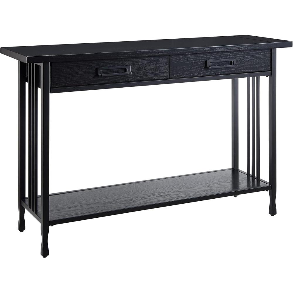 image:imageLeick Home 11233 Ironcraft Rustic Two Drawer Hall Console Sofa Table with Shelf Mission Oak and Black MetalBlack Wash