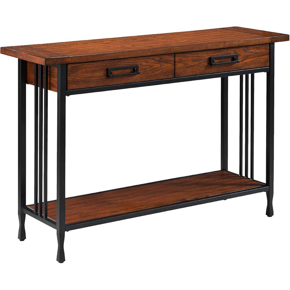 image:imageLeick Home 11233 Ironcraft Rustic Two Drawer Hall Console Sofa Table with Shelf Mission Oak and Black MetalMission Oak