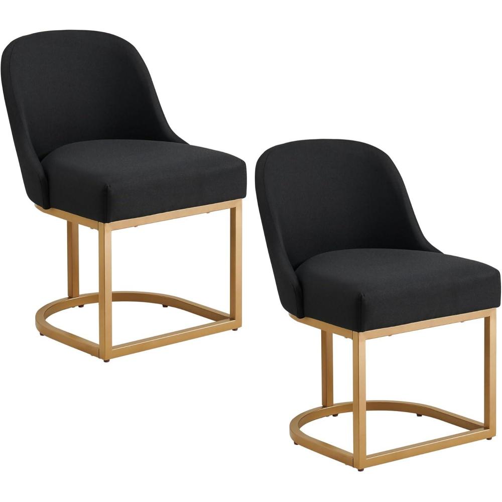 image:imageLeick Home 214536 Barrelback Dining Chair with Metal Base Set of 2 for Dining Room Modern Black Linen Seat and Gold Metal BaseBlack