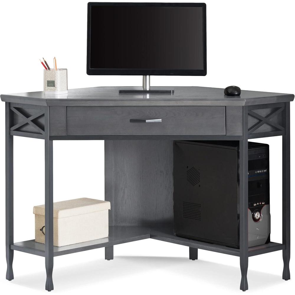 image:imageLeick Home 23430 Chisel amp Forge Corner Computer Writing Desk with Drop Front Keyboard Drawer Smoke Gray and Matte Black