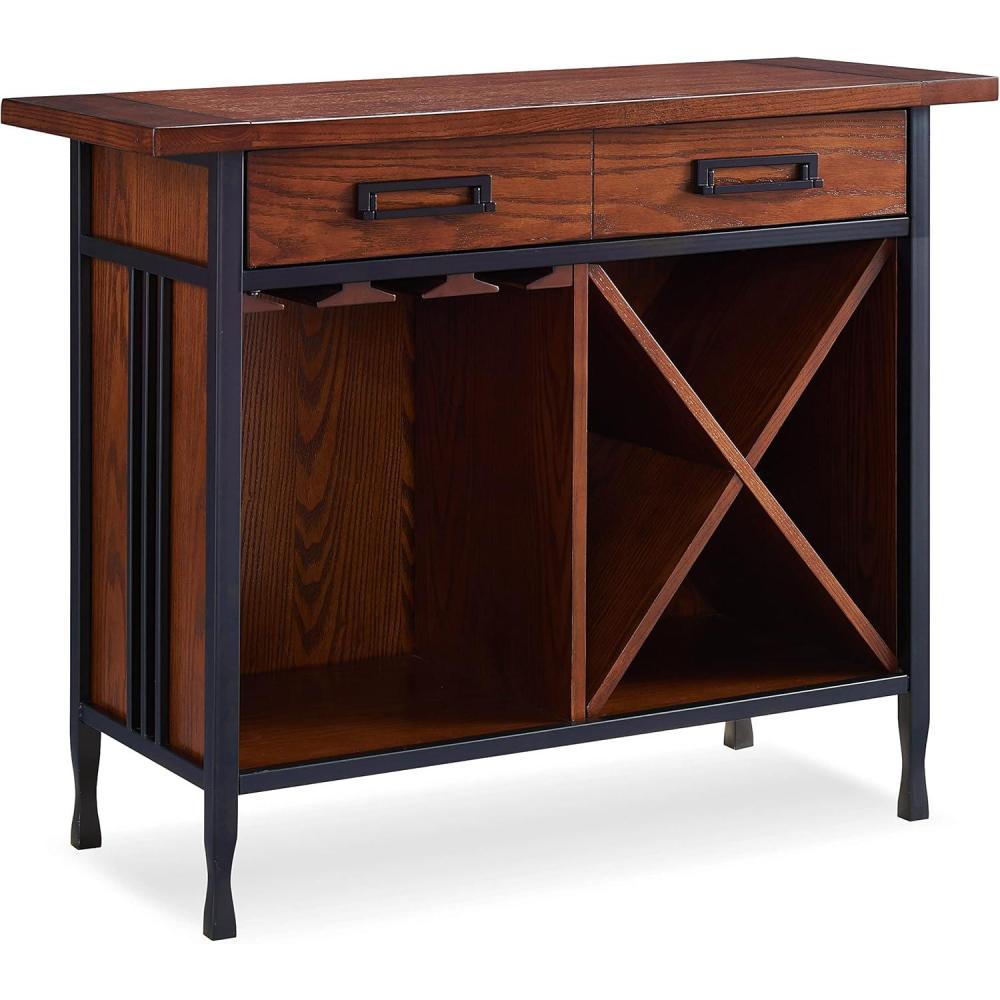 image:imageLeick Home 9061SL Mission Wine Stand with Glass and Bottle Storage Two Drawer for Buffet Dining Room Living Room Kitchen Slate Black FinishMission Oak