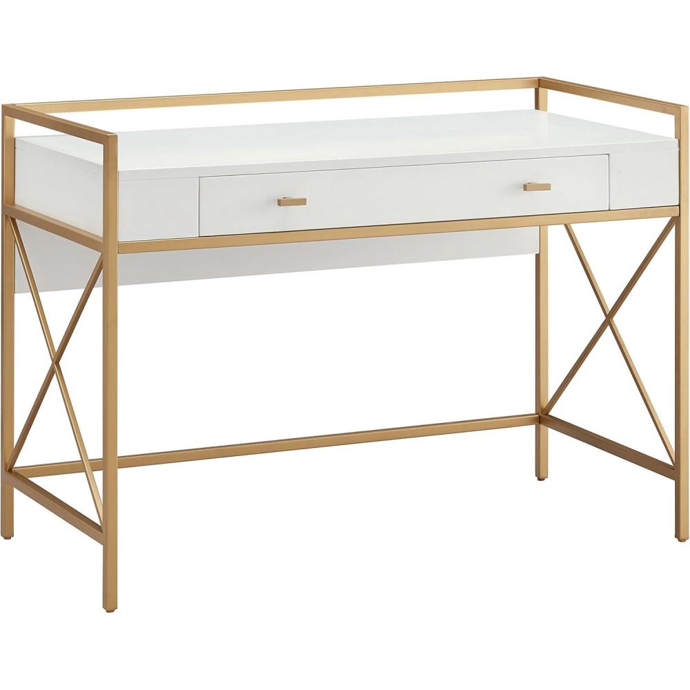 image:imageLeick Home 9240WTGL Claudette Mixed Metal and Wood Flat Wall Computer Office Writing Desk with Drop Front Keyboard Drawer WhiteSatin Gold