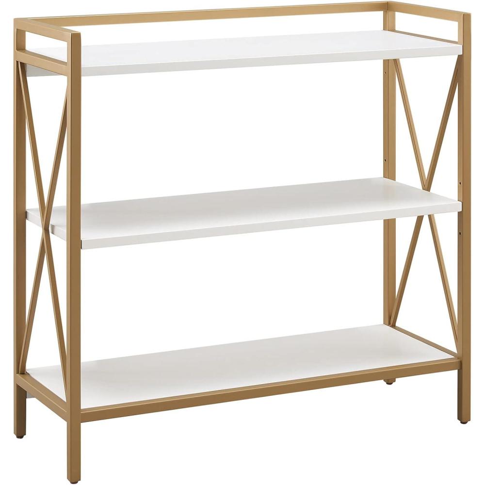 image:imageLeick Home Mission Impeccable Bookshelf Solid Wood 2 Drawers 2 Shelves Slatted Sides Blackened Hardware Easy Assembly Russet Brown 12 in D x 34 in W x 30 in H Item 8261White Gold