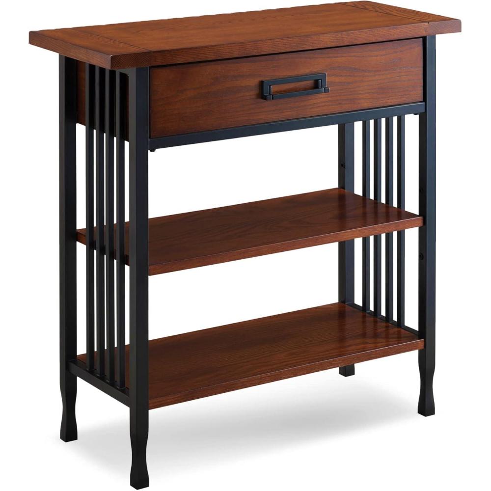 image:imageLeick Home Mission Impeccable Bookshelf Solid Wood 2 Drawers 2 Shelves Slatted Sides Blackened Hardware Easy Assembly Russet Brown 12 in D x 34 in W x 30 in H Item 8261Mission Oak  Matte Black