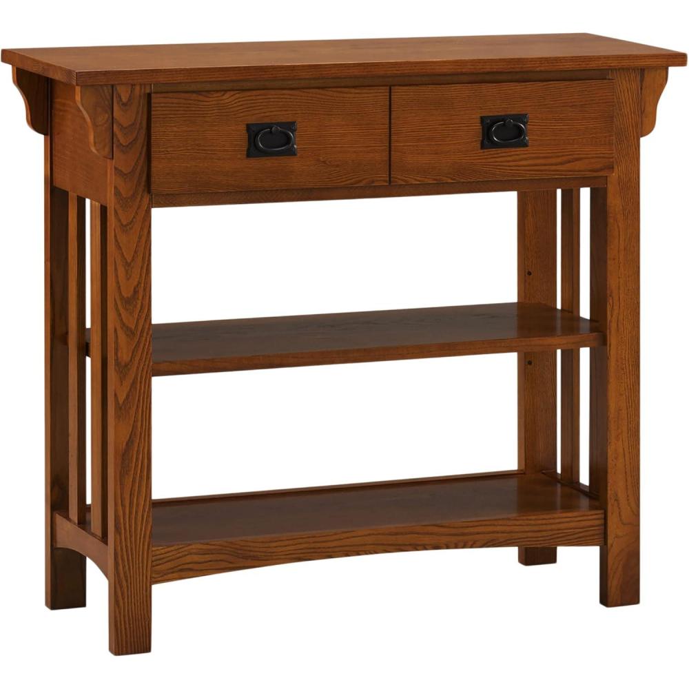 image:imageLeick Home Mission Impeccable Bookshelf Solid Wood 2 Drawers 2 Shelves Slatted Sides Blackened Hardware Easy Assembly Russet Brown 12 in D x 34 in W x 30 in H Item 8261Medium Oak  Blackened
