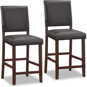 Brax Upholstered Back Counter Height Stools Set of 2, Ebony Faux Leather Seat, Brown Solid Wood Base, Comfortable Modern Bar Stools for Kitchen Counters and Islands – Leick Home, 10086CP/EB