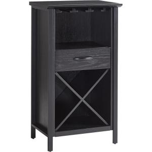 Leick Home 9061-SL Mission Wine Stand with Glass and Bottle Storage, Two Drawer, for Buffet, Dining Room, Living Room, Kitchen, Slate Black Finish(Black Wash)