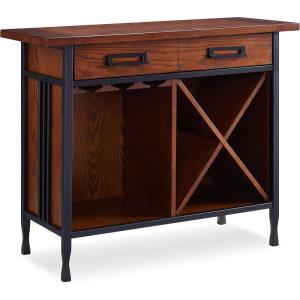 Leick Home 9061-SL Mission Wine Stand with Glass and Bottle Storage, Two Drawer, for Buffet, Dining Room, Living Room, Kitchen, Slate Black Finish(Mission Oak)