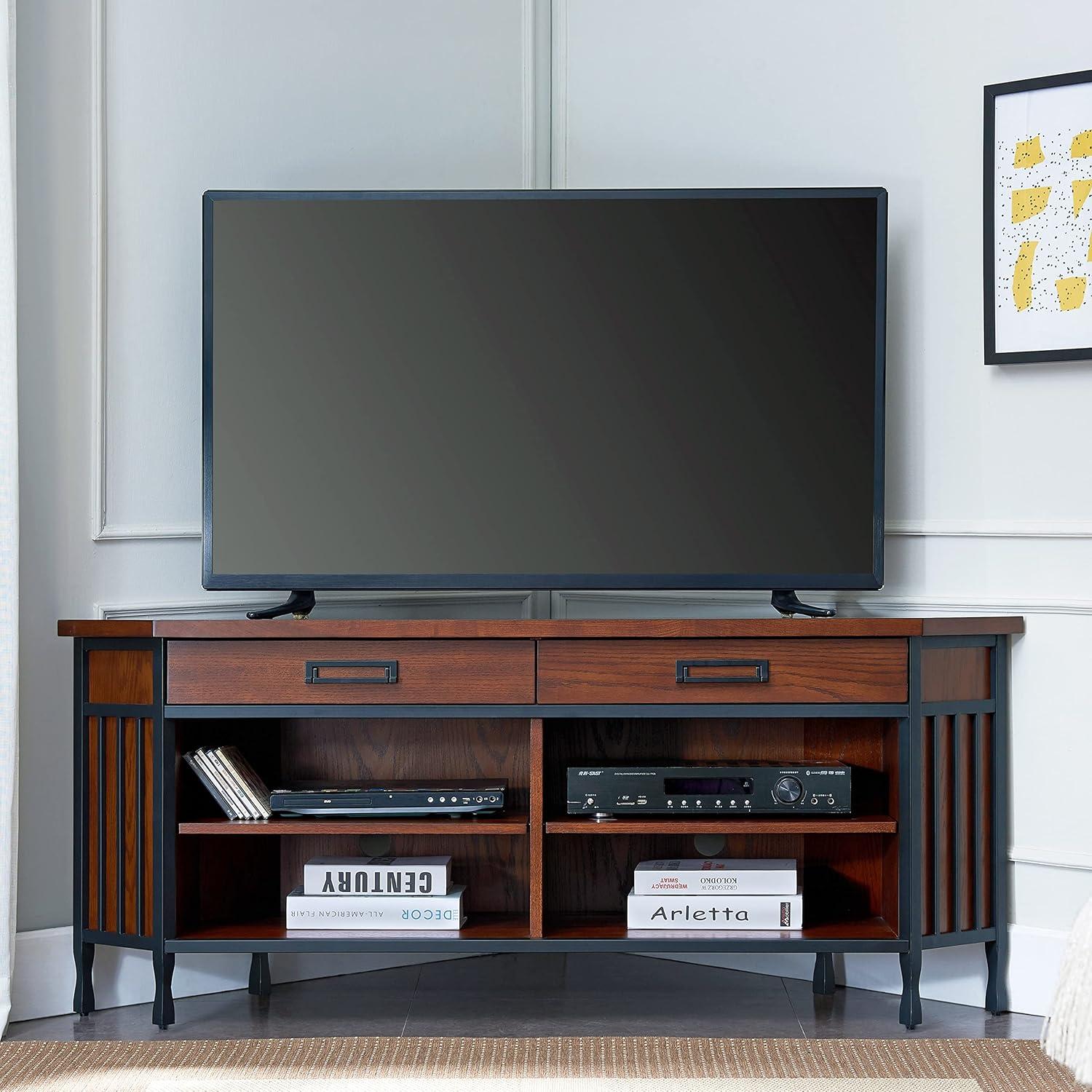 image:imageLeick Home 11286 Ironcraft Rustic Two Drawer Metal and Wood Corner TV Stand with Adjustable Shelves for 55 TVs Mission OakBlack