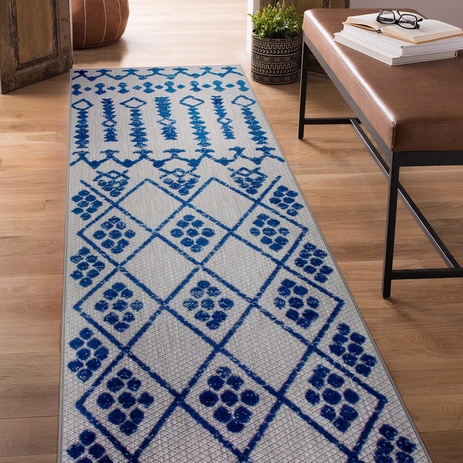 image:imageLeick Home 594929 Cusp Runner Gray with Blue Moroccan Pattern Indoor Outdoor Area Rug Runner 2x8