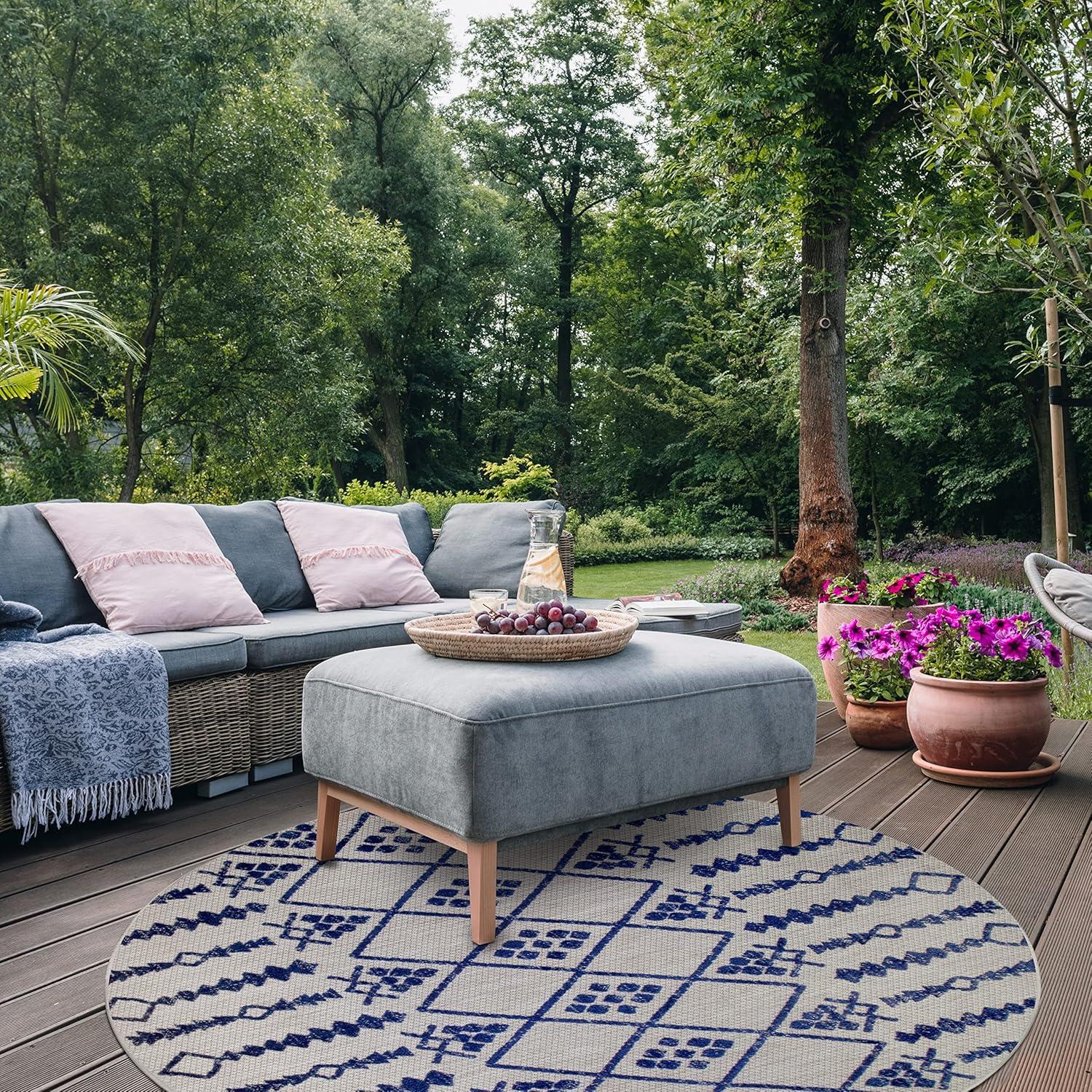 image:imageLeick Home 594978 Cusp Gray with Blue Moroccan Pattern Indoor Outdoor Area Rug Round 53