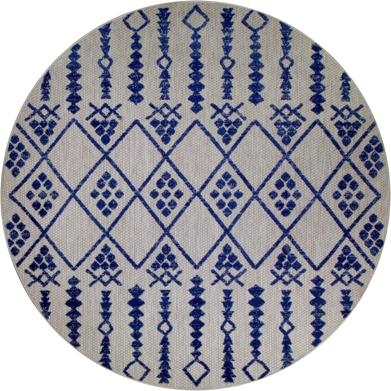 image:imageLeick Home 594978 Cusp Gray with Blue Moroccan Pattern Indoor Outdoor Area Rug Round 53