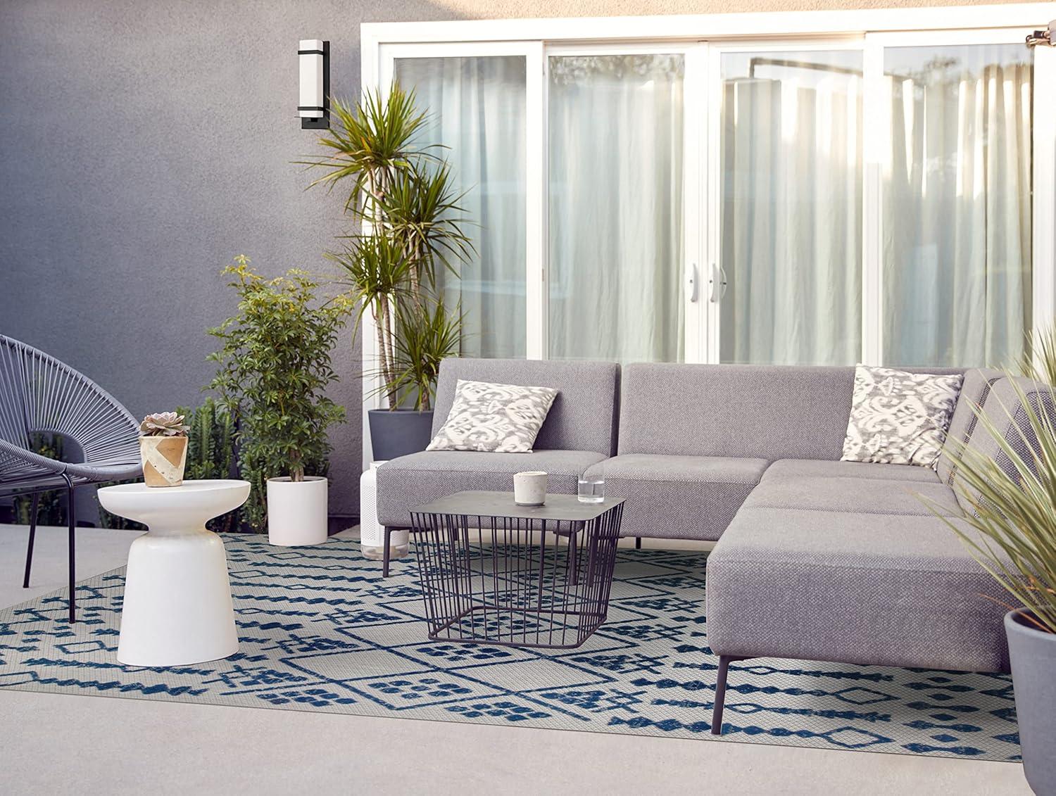 image:imageLeick Home 594986 Cusp Gray with Blue Moroccan Pattern Indoor Outdoor Area Rug Rectangle 67x96
