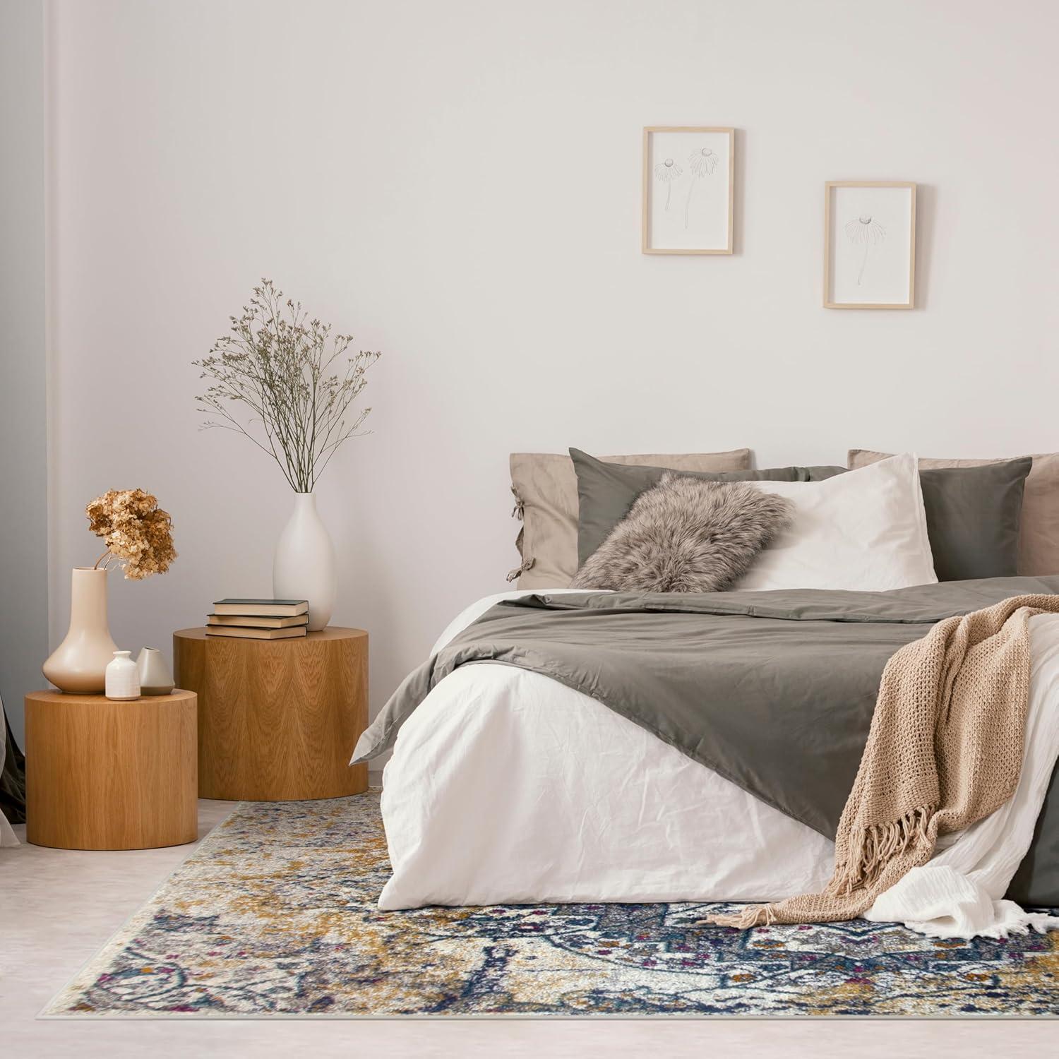 image:imageLeick Home 596460 Vienne Vintage Faded Turkish Medallion Ivory and Navy Living Room Bedroom Area Rug Rectangle 53 x 77