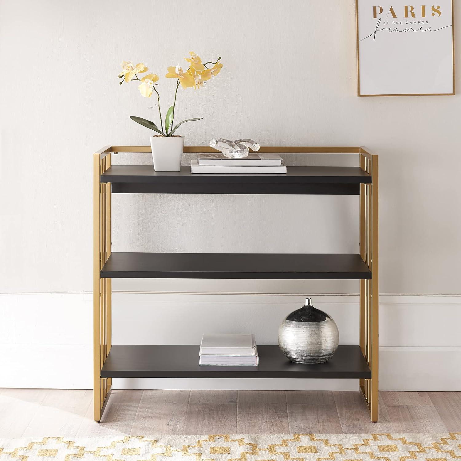 image:imageLeick Home 70008BLKGD Mixed Metal and Wood Slatted Bookshelf BlackGold