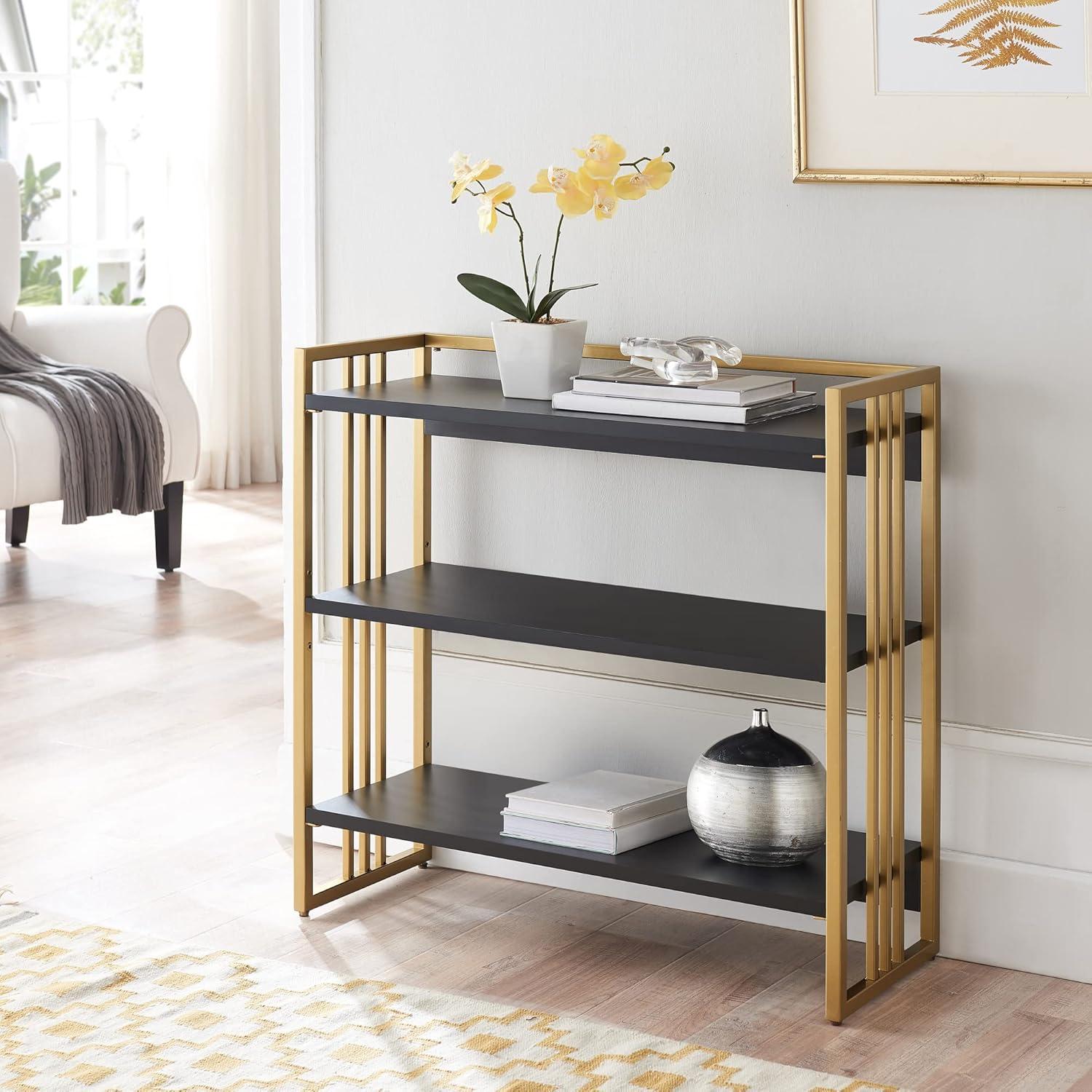 image:imageLeick Home 70008BLKGD Mixed Metal and Wood Slatted Bookshelf BlackGold