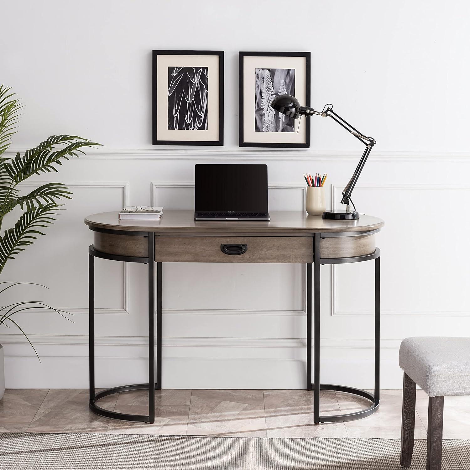 image:imageLeick Home 84405 Oval Metal Leg DeskVanity with Drop Front Keyboard Drawer Smoke Gray and GunmetalSmoke GraywashGunmetal Gray
