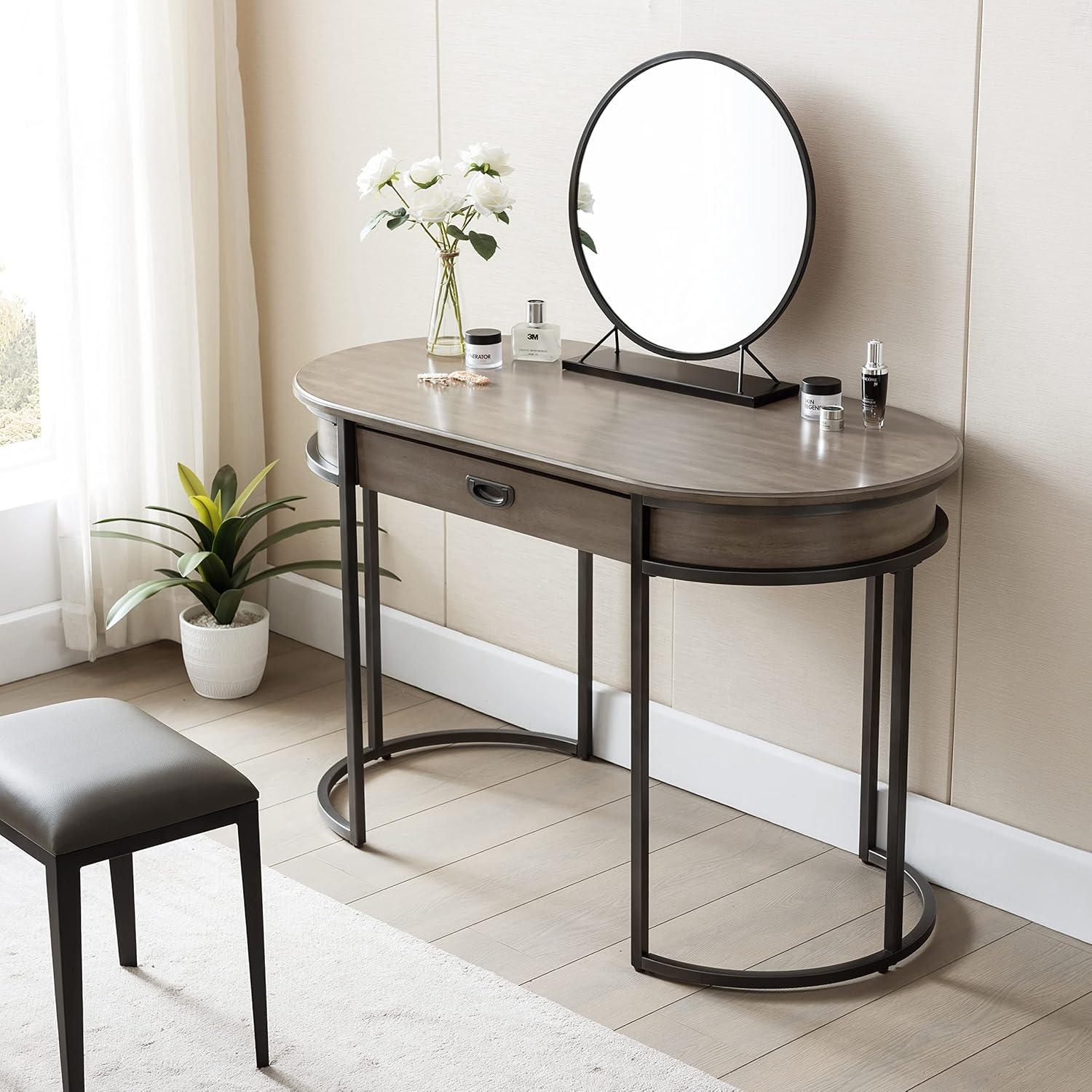 image:imageLeick Home 84405 Oval Metal Leg DeskVanity with Drop Front Keyboard Drawer Smoke Gray and GunmetalSmoke GraywashGunmetal Gray