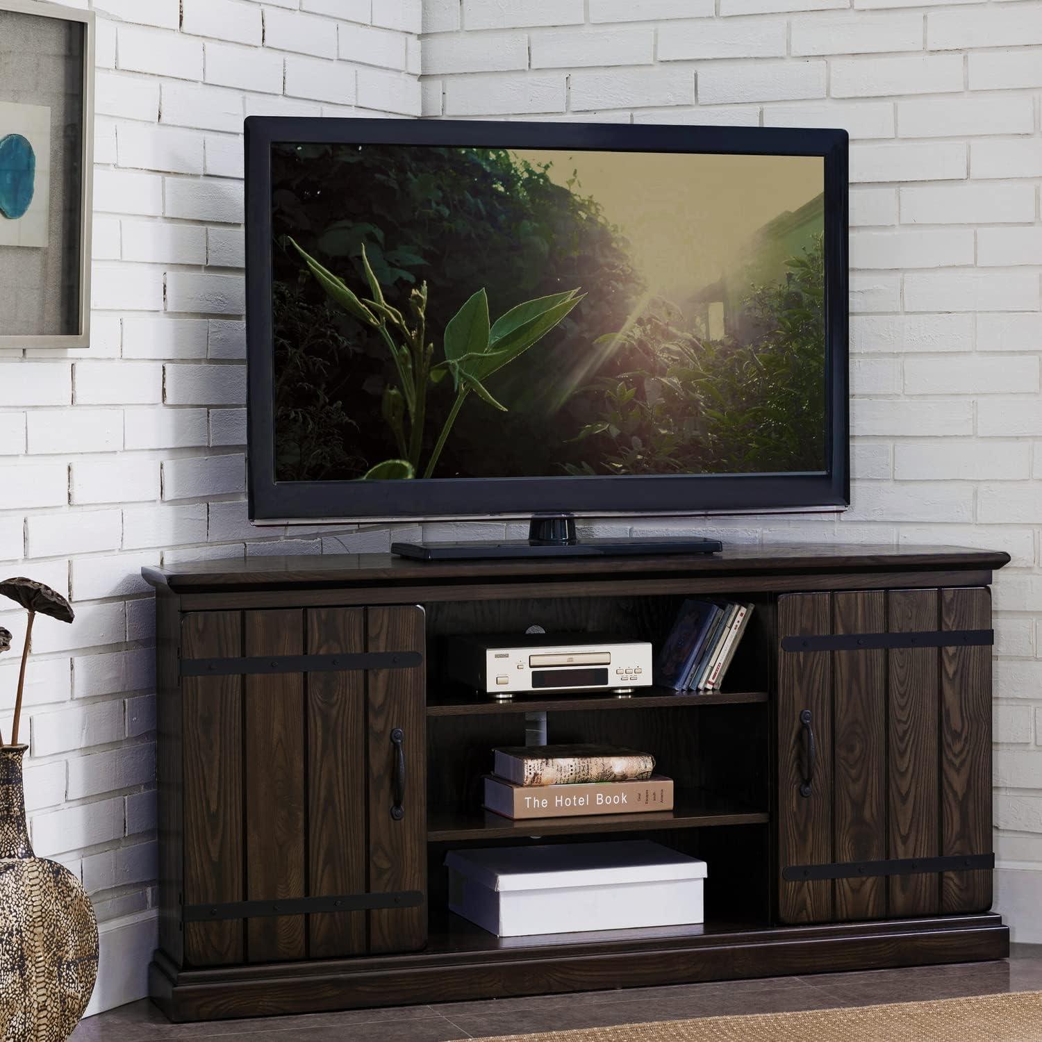 image:imageLeick Home 89585 Hunt Club Two Door Rustic Oak Corner TV Stand with Open Component Storage for 60 TVs Burnished Laurel Oak