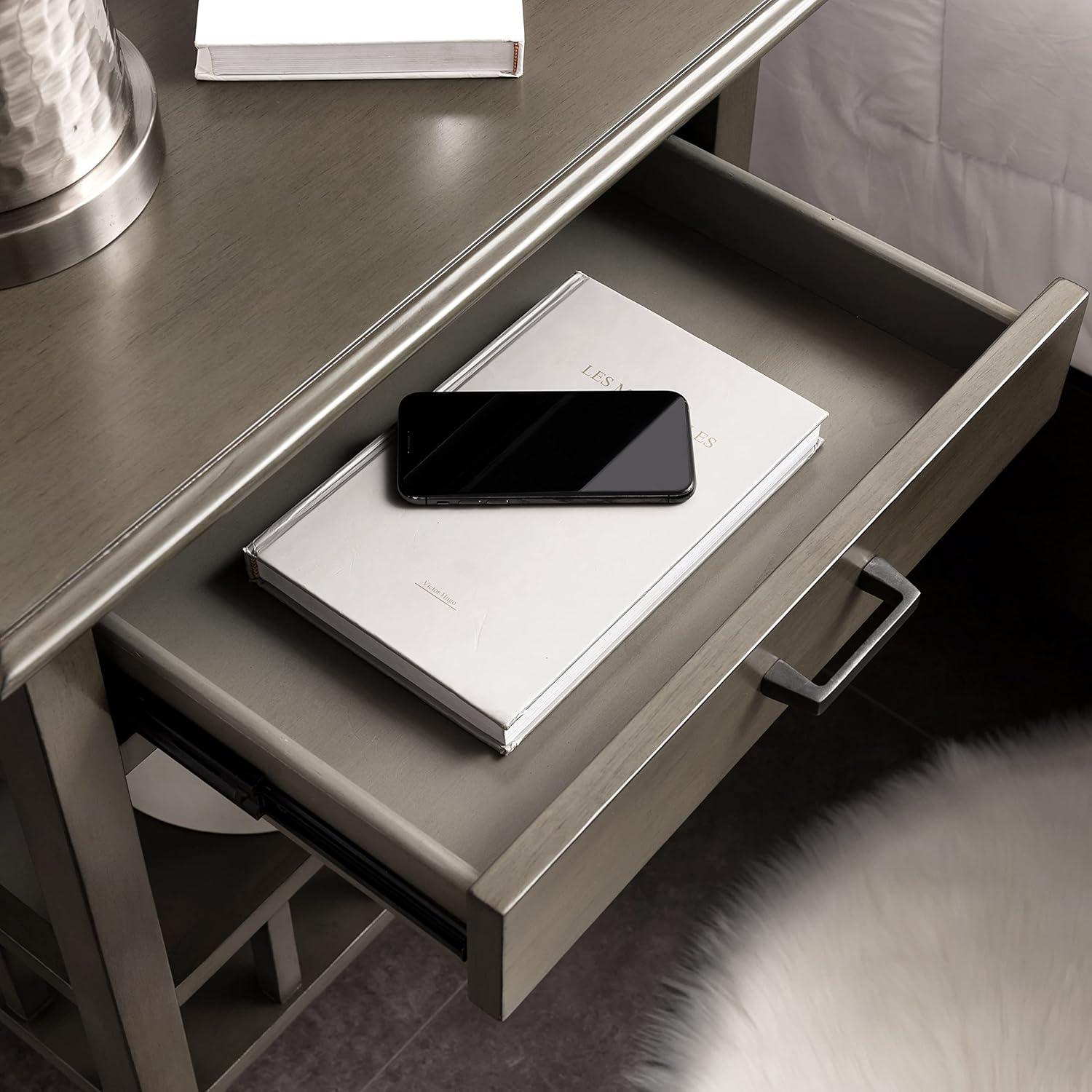 image:imageLeick Home 9070GR One Drawer Nightstand Side Table Lower Basket Shelf Traditional USBC Fast Charging AC USB Charging Port Integrated Durable Solid Wood Living Room Bedroom Office Smoke Gray Wash