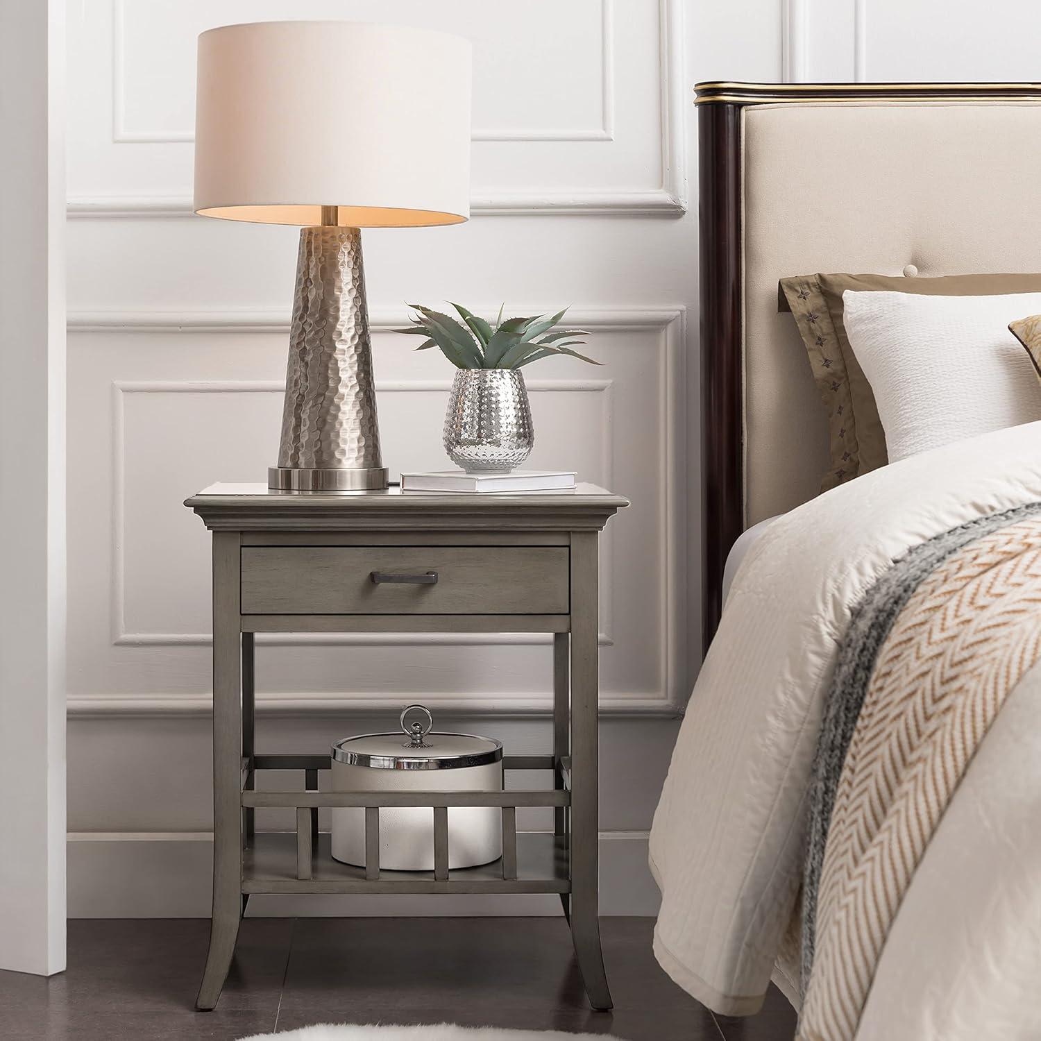 image:imageLeick Home 9070GR One Drawer Nightstand Side Table Lower Basket Shelf Traditional USBC Fast Charging AC USB Charging Port Integrated Durable Solid Wood Living Room Bedroom Office Smoke Gray Wash