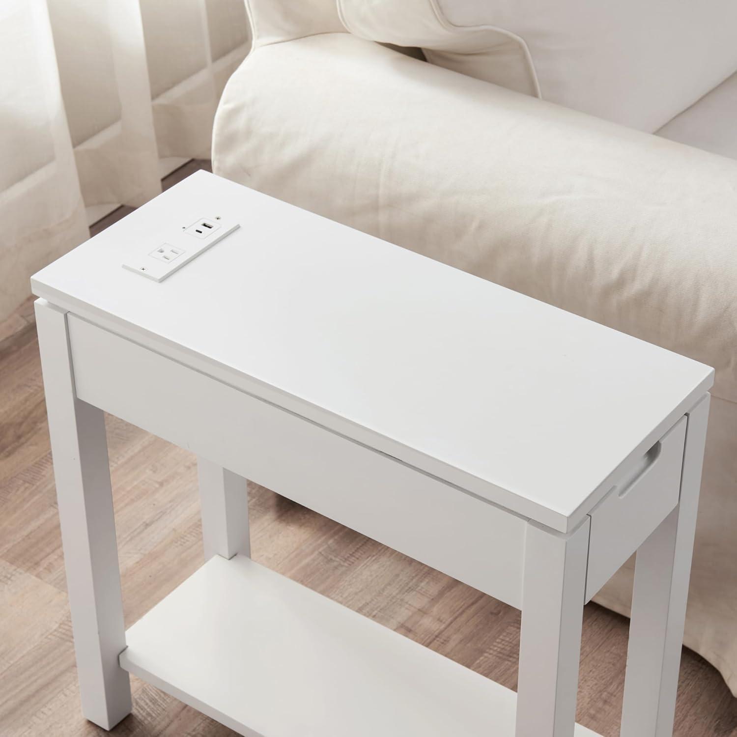 image:imageLeick Home 9080WT Cade Wood Side Table with Drawer and USBC Fast Charging Station ACUSB Charger Port Integrated WhiteWhite
