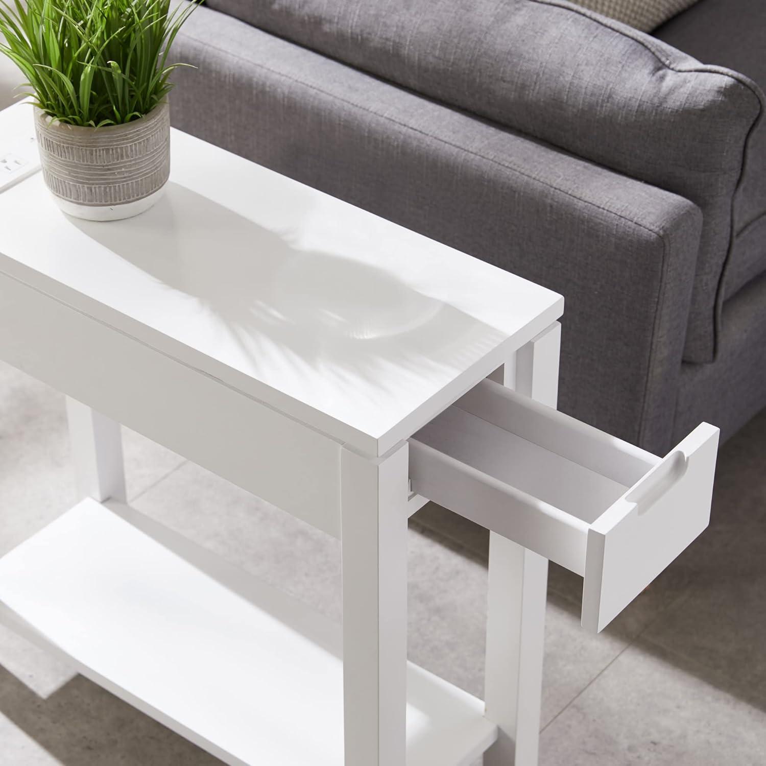 image:imageLeick Home 9080WT Cade Wood Side Table with Drawer and USBC Fast Charging Station ACUSB Charger Port Integrated WhiteWhite