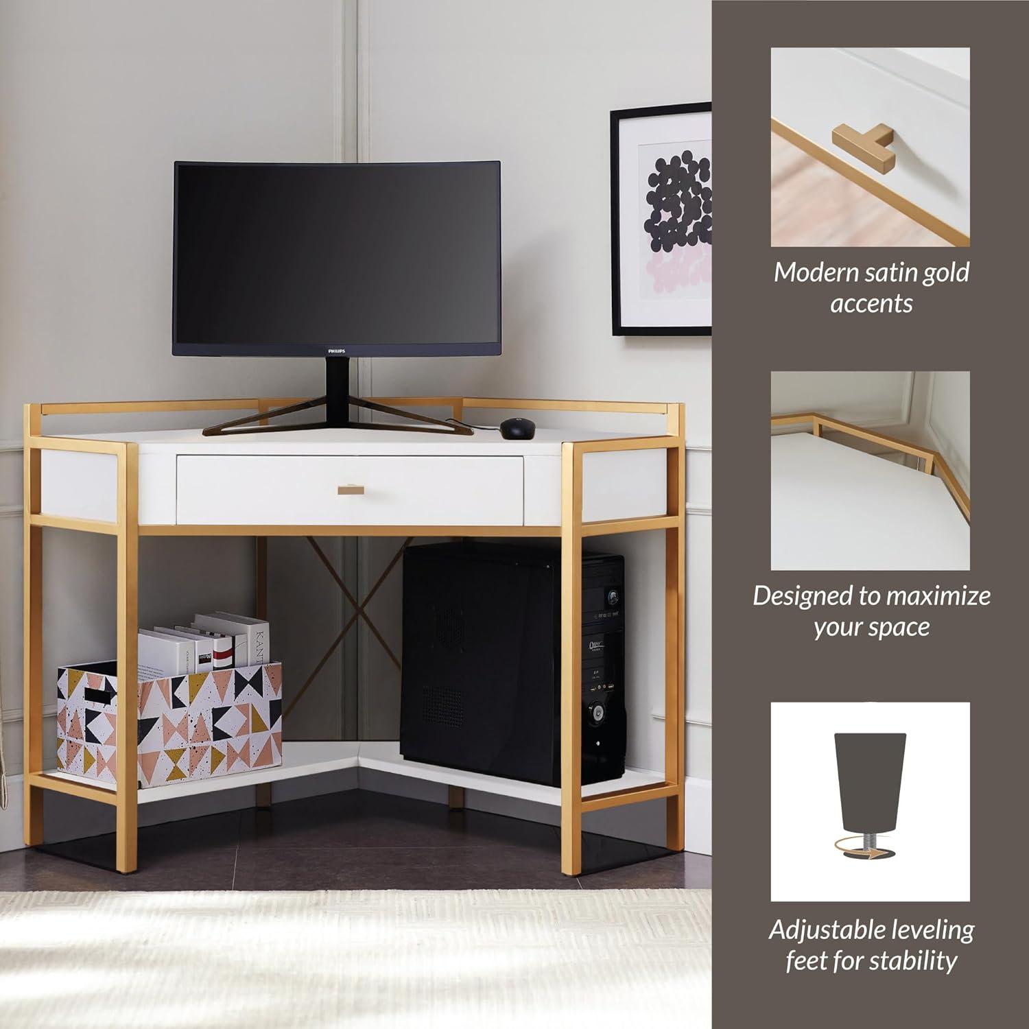 image:imageLeick Home 9230WTGL Claudette Mixed Metal and Wood Corner Computer Office Writing Desk with Drop Front Keyboard Drawer WhiteSatin Gold