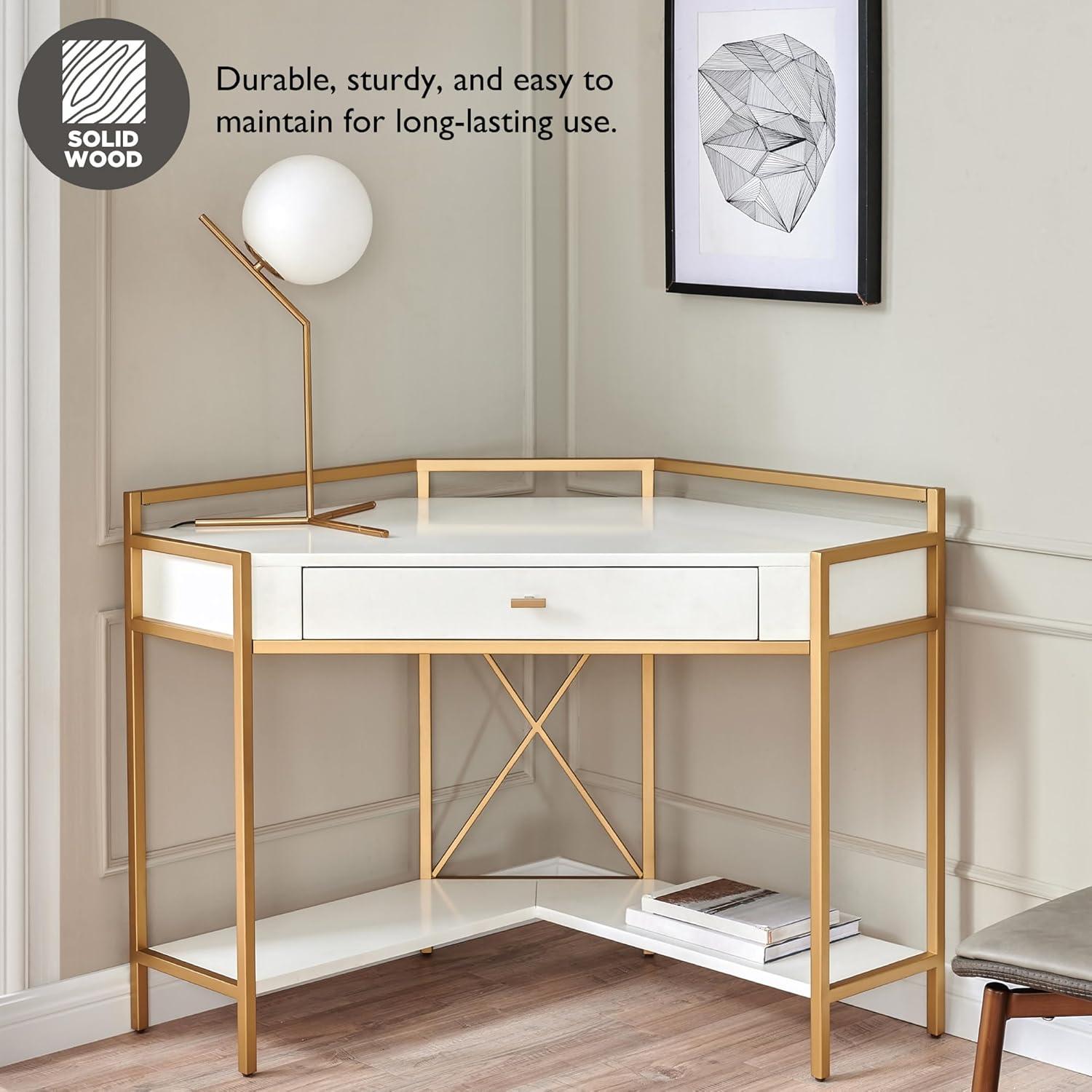 image:imageLeick Home 9230WTGL Claudette Mixed Metal and Wood Corner Computer Office Writing Desk with Drop Front Keyboard Drawer WhiteSatin Gold