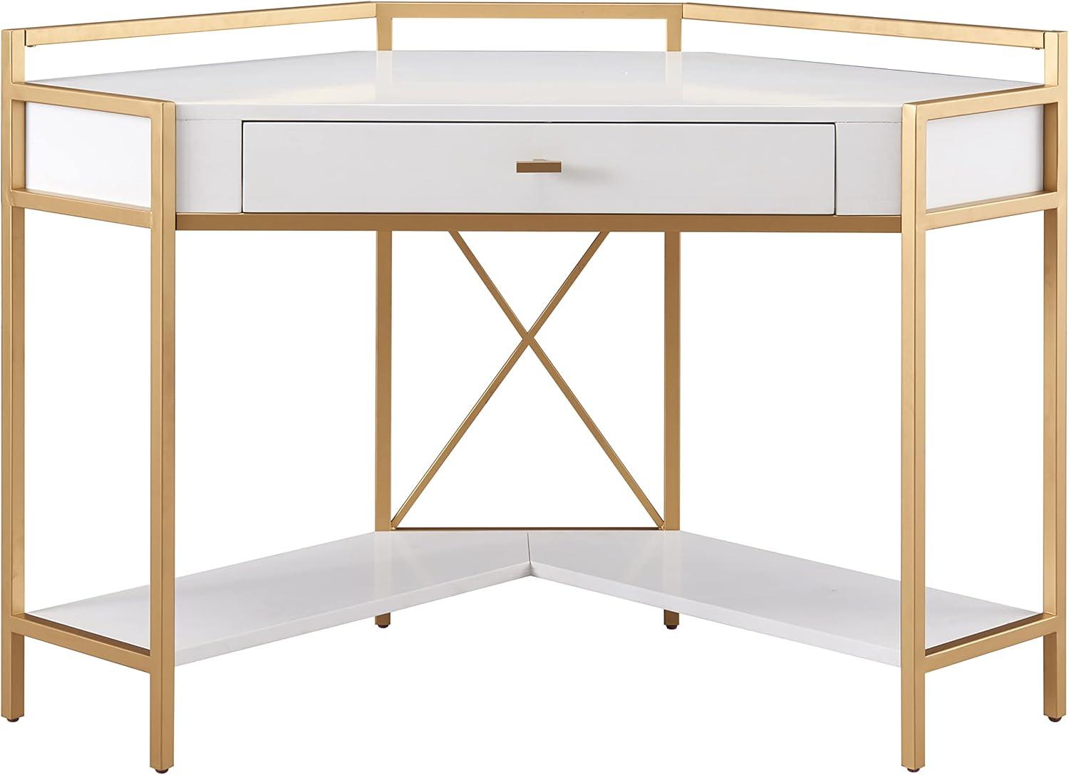 image:imageLeick Home 9230WTGL Claudette Mixed Metal and Wood Corner Computer Office Writing Desk with Drop Front Keyboard Drawer WhiteSatin Gold