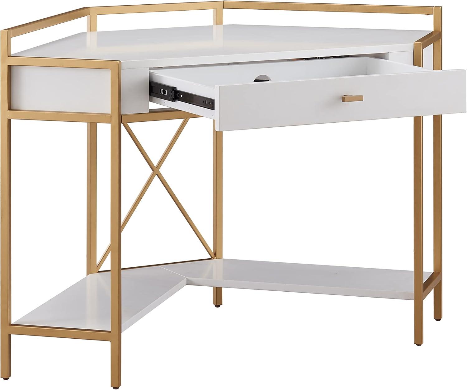 image:imageLeick Home 9230WTGL Claudette Mixed Metal and Wood Corner Computer Office Writing Desk with Drop Front Keyboard Drawer WhiteSatin Gold