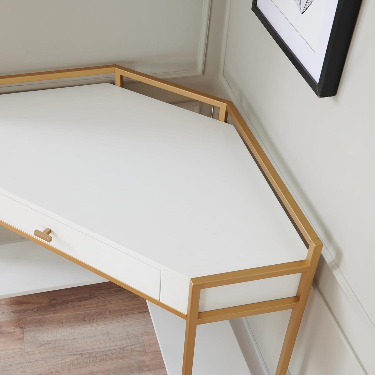 image:imageLeick Home 9230WTGL Claudette Mixed Metal and Wood Corner Computer Office Writing Desk with Drop Front Keyboard Drawer WhiteSatin Gold