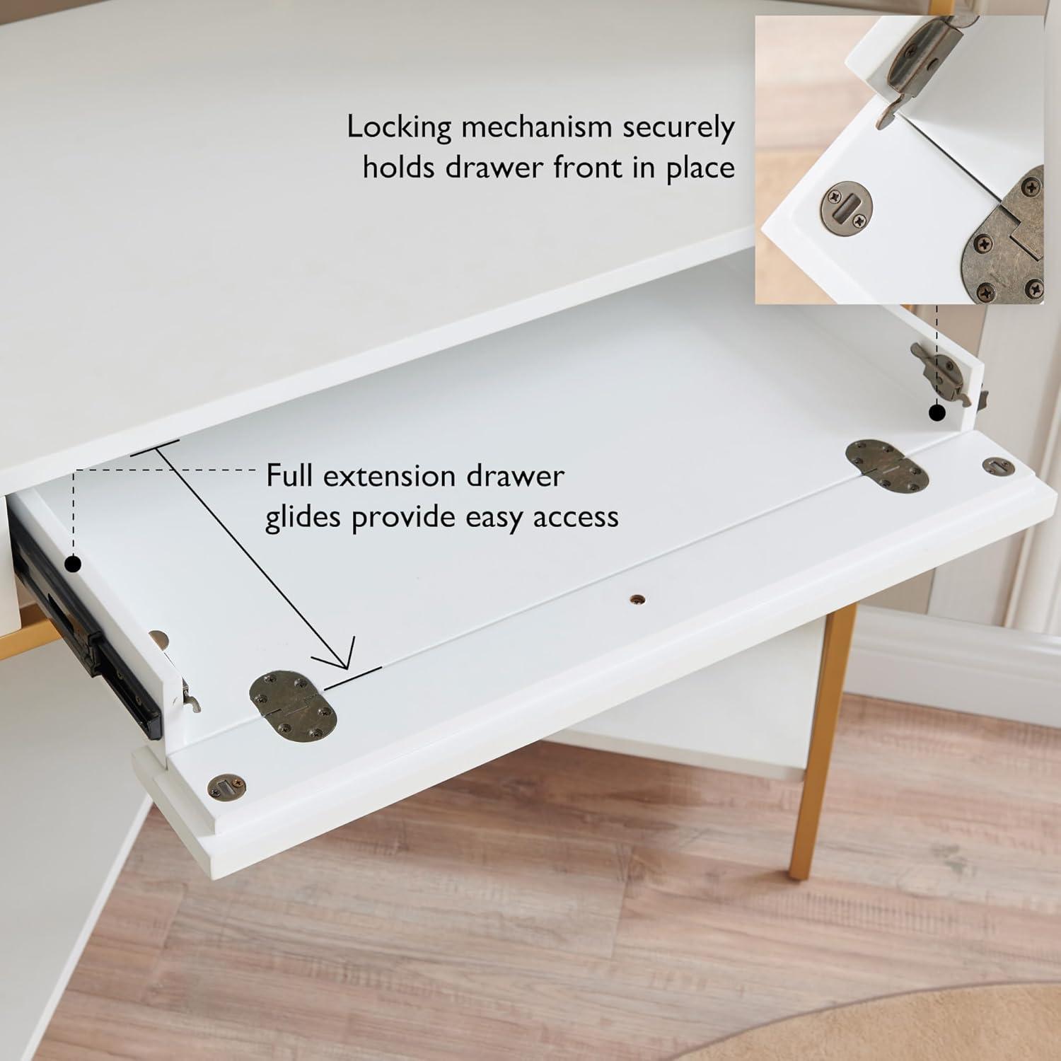 image:imageLeick Home 9230WTGL Claudette Mixed Metal and Wood Corner Computer Office Writing Desk with Drop Front Keyboard Drawer WhiteSatin Gold