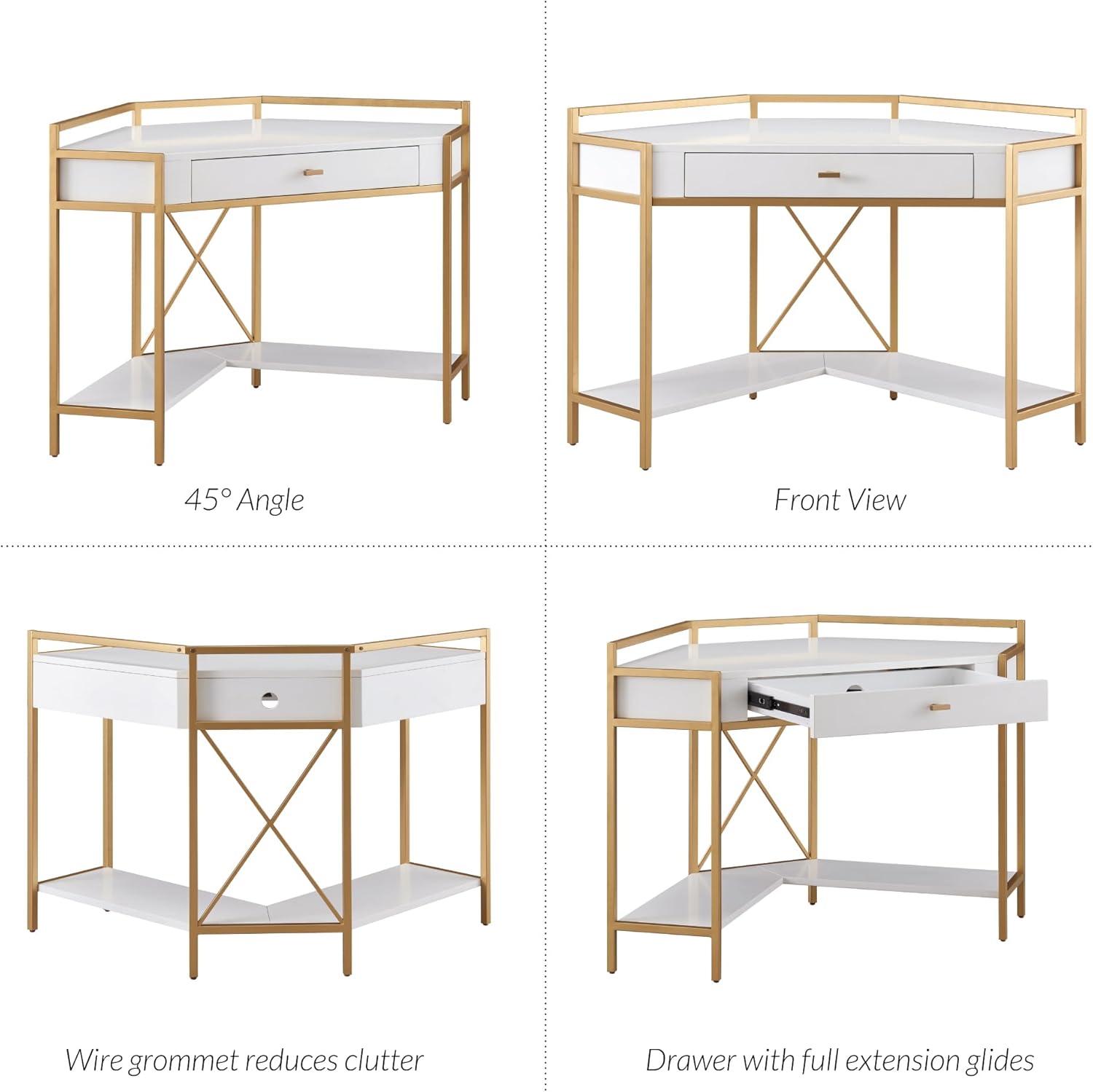 image:imageLeick Home 9230WTGL Claudette Mixed Metal and Wood Corner Computer Office Writing Desk with Drop Front Keyboard Drawer WhiteSatin Gold