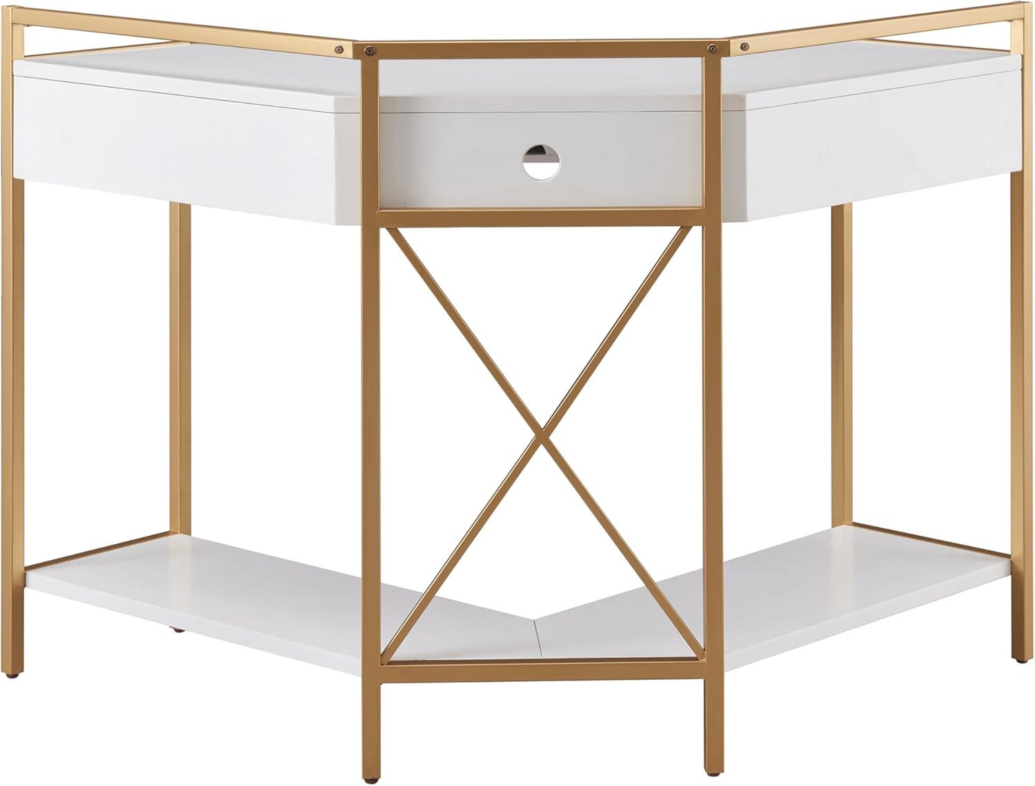 image:imageLeick Home 9230WTGL Claudette Mixed Metal and Wood Corner Computer Office Writing Desk with Drop Front Keyboard Drawer WhiteSatin Gold
