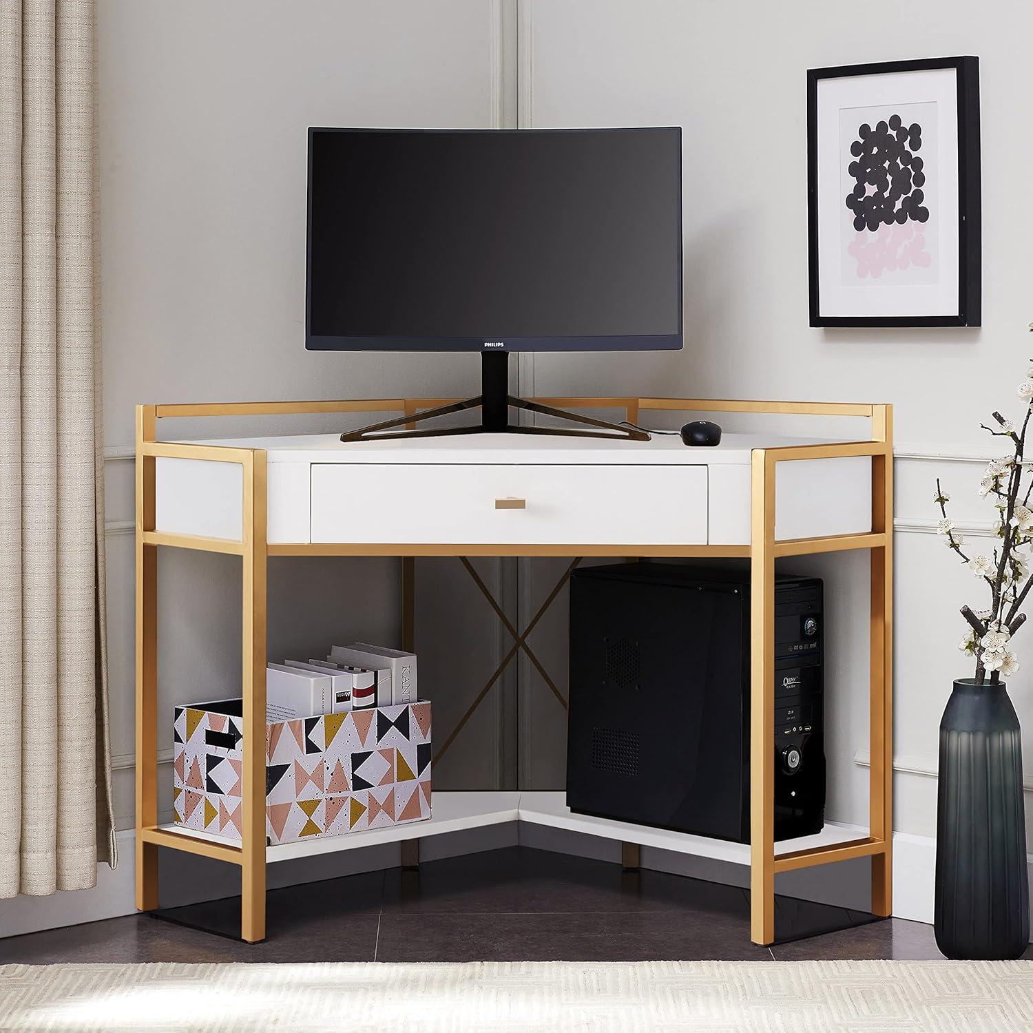 image:imageLeick Home 9230WTGL Claudette Mixed Metal and Wood Corner Computer Office Writing Desk with Drop Front Keyboard Drawer WhiteSatin Gold