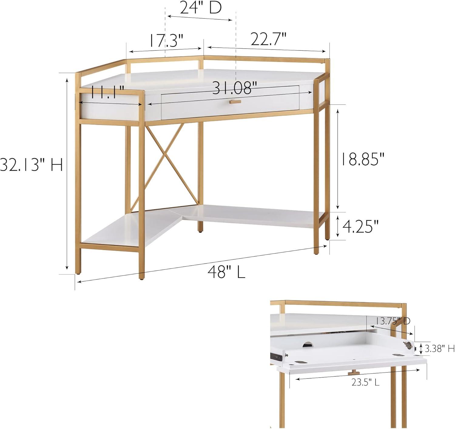 image:imageLeick Home 9230WTGL Claudette Mixed Metal and Wood Corner Computer Office Writing Desk with Drop Front Keyboard Drawer WhiteSatin Gold