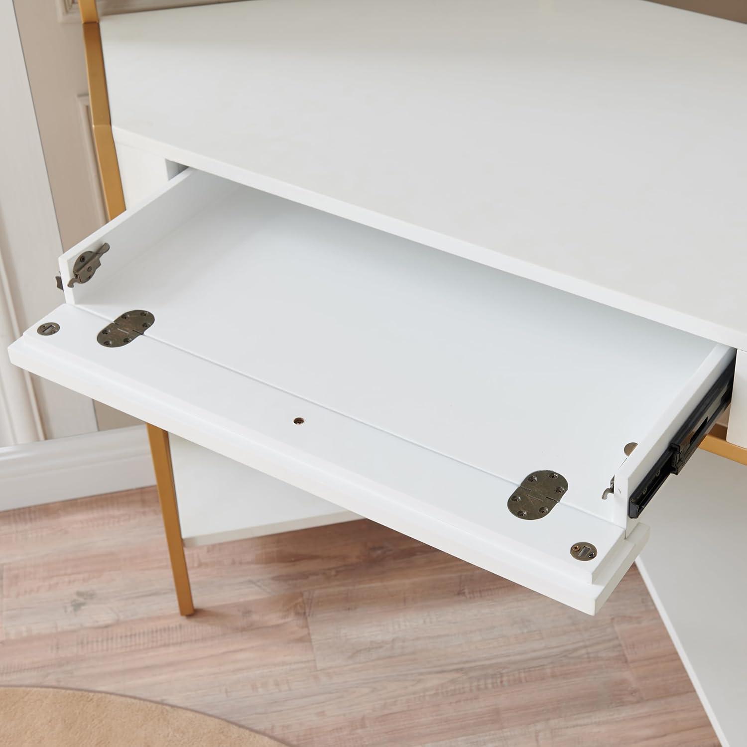 image:imageLeick Home 9230WTGL Claudette Mixed Metal and Wood Corner Computer Office Writing Desk with Drop Front Keyboard Drawer WhiteSatin Gold
