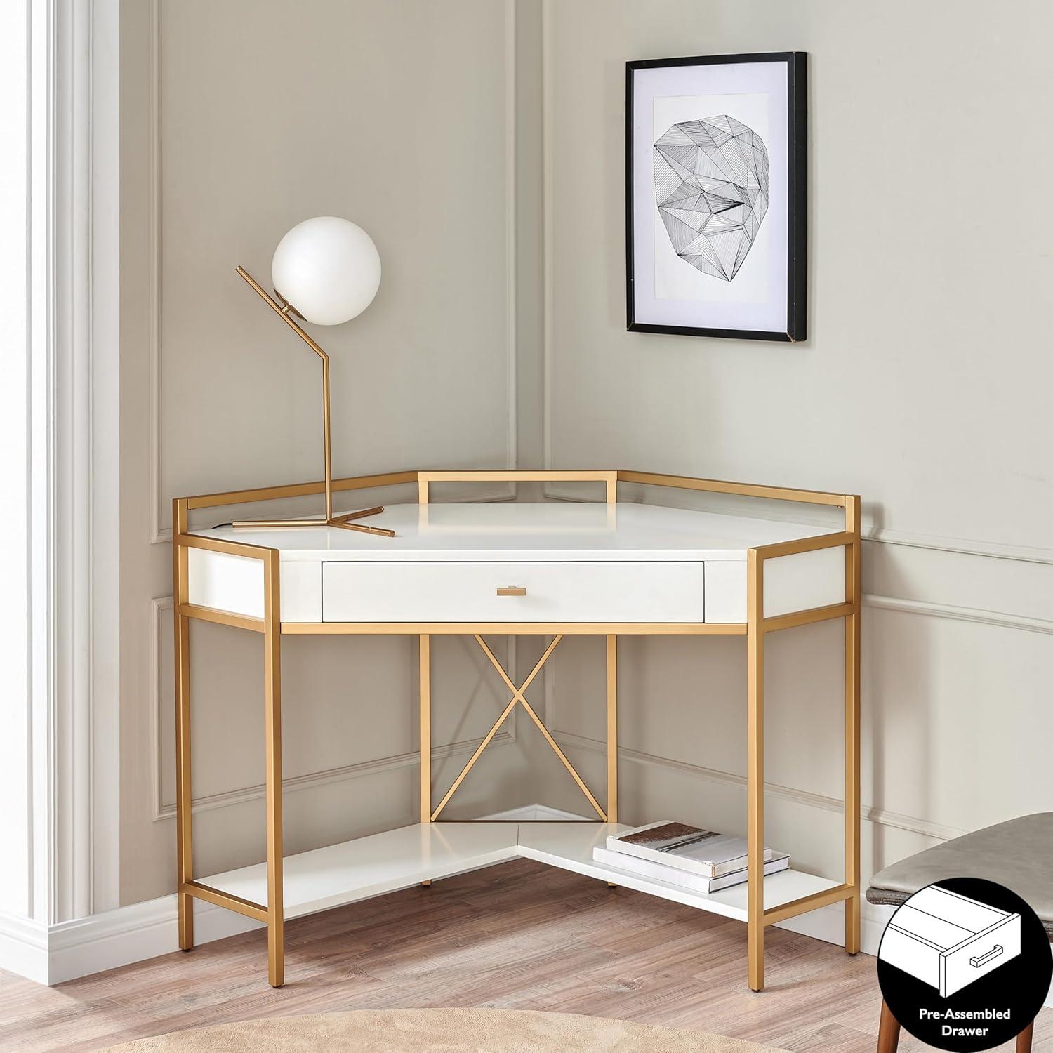 image:imageLeick Home 9230WTGL Claudette Mixed Metal and Wood Corner Computer Office Writing Desk with Drop Front Keyboard Drawer WhiteSatin Gold