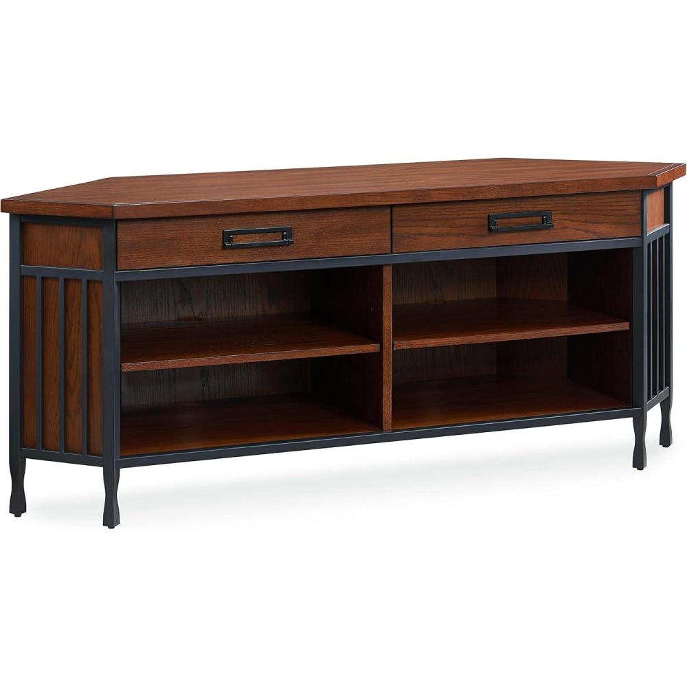 image:imageLeick Home 11286 Ironcraft Rustic Two Drawer Metal and Wood Corner TV Stand with Adjustable Shelves for 55 TVs Mission OakBlack