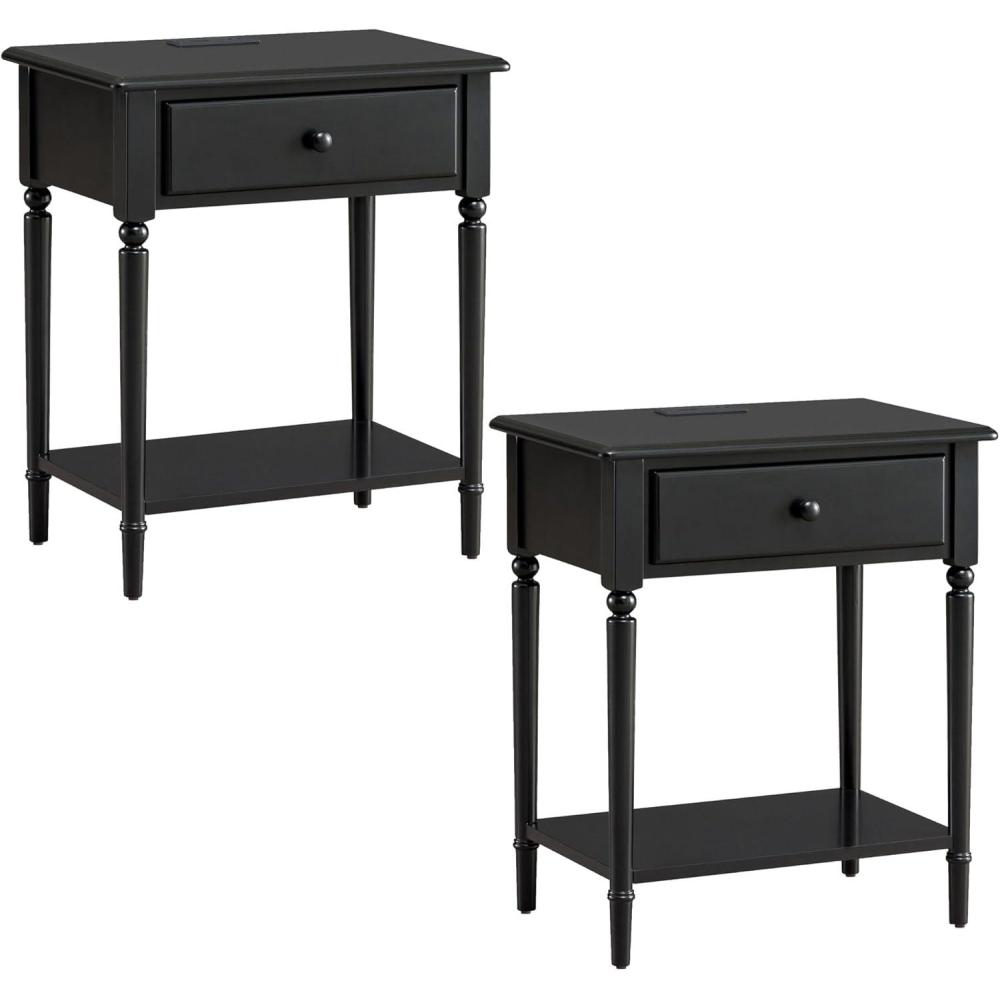 image:imageLeick Home 214445 Coastal Nightstand One Drawer Side Table with USBC Fast Charging Station ACUSB Charger and Shelf 2Pack Swan BlackSwan Black