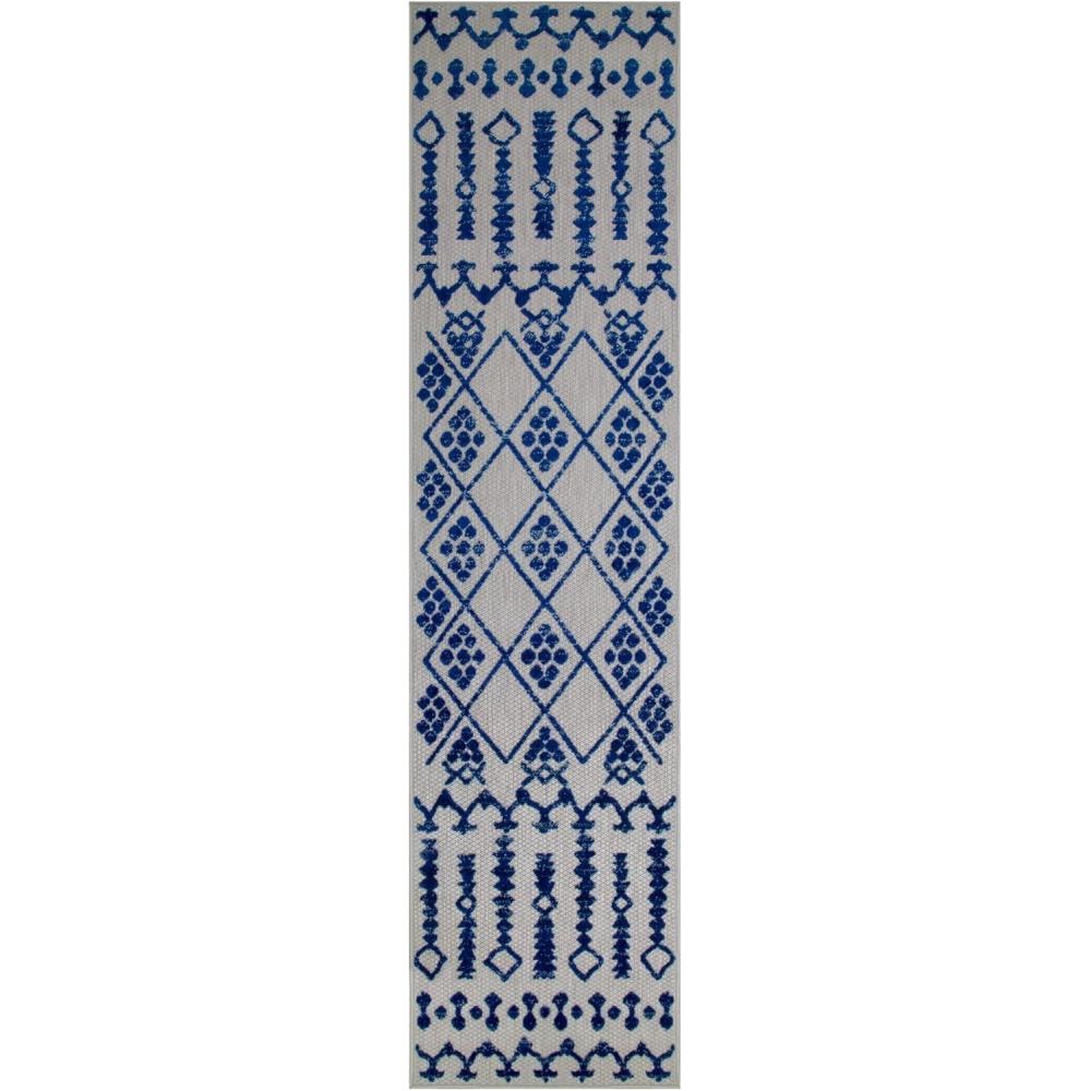 image:imageLeick Home 594929 Cusp Runner Gray with Blue Moroccan Pattern Indoor Outdoor Area Rug Runner 2x8