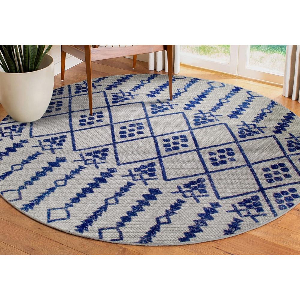 image:imageLeick Home 594978 Cusp Gray with Blue Moroccan Pattern Indoor Outdoor Area Rug Round 53