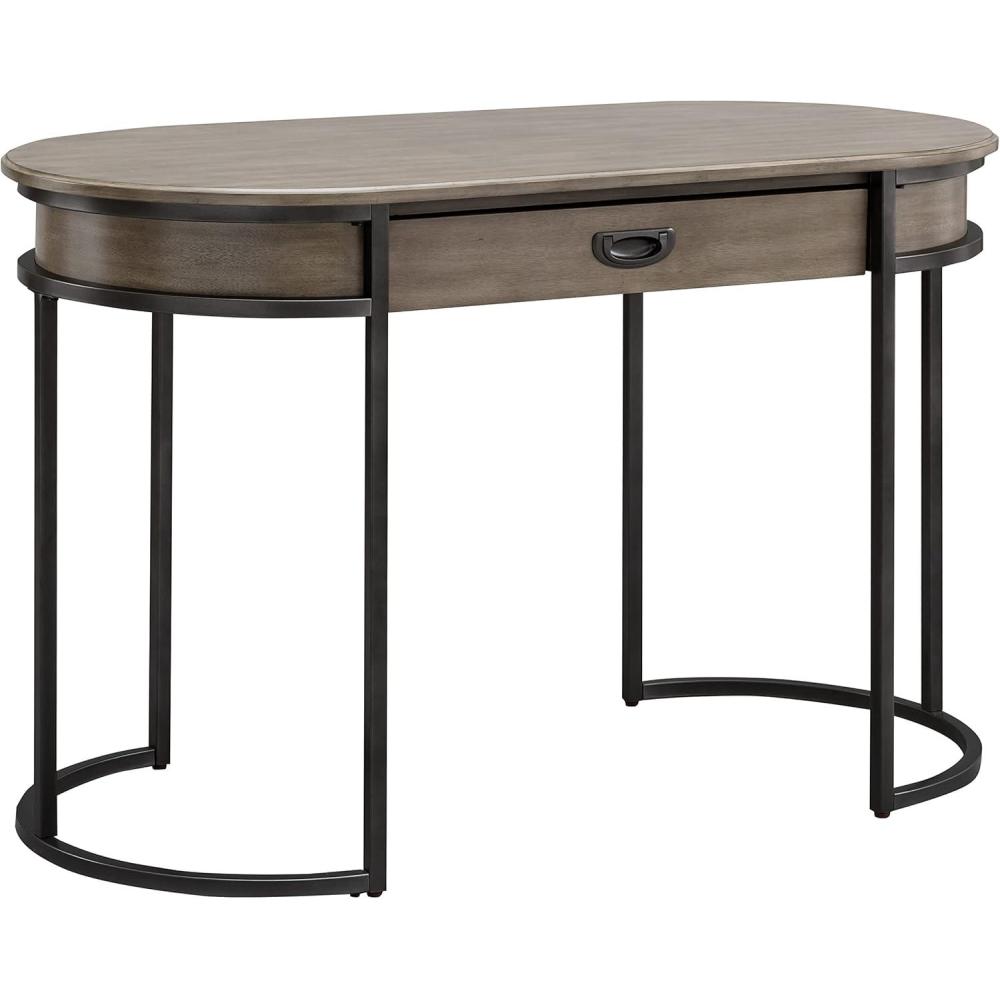 image:imageLeick Home 84405 Oval Metal Leg DeskVanity with Drop Front Keyboard Drawer Smoke Gray and GunmetalSmoke GraywashGunmetal Gray