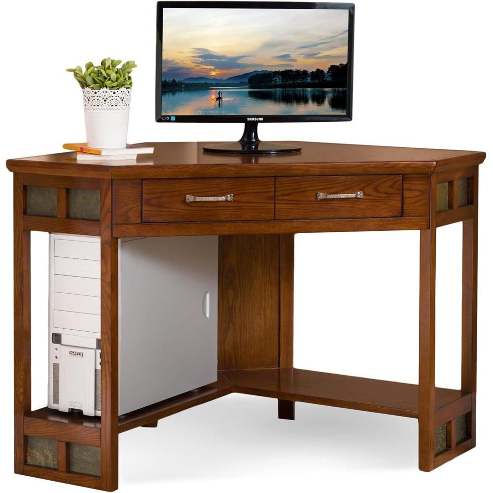 image:imageLeick Home 89430 Rustic Oak and Slate Corner Computer Writing Desk with Drop Front Keyboard Drawer Distressed Rustic Autumn